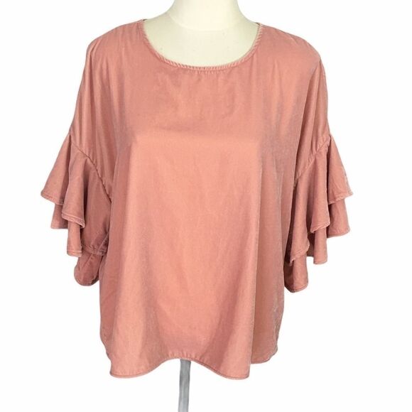Amaryllis Dusty Rose Velvet Ruffled Sleeve Top M - Picture 1 of 3